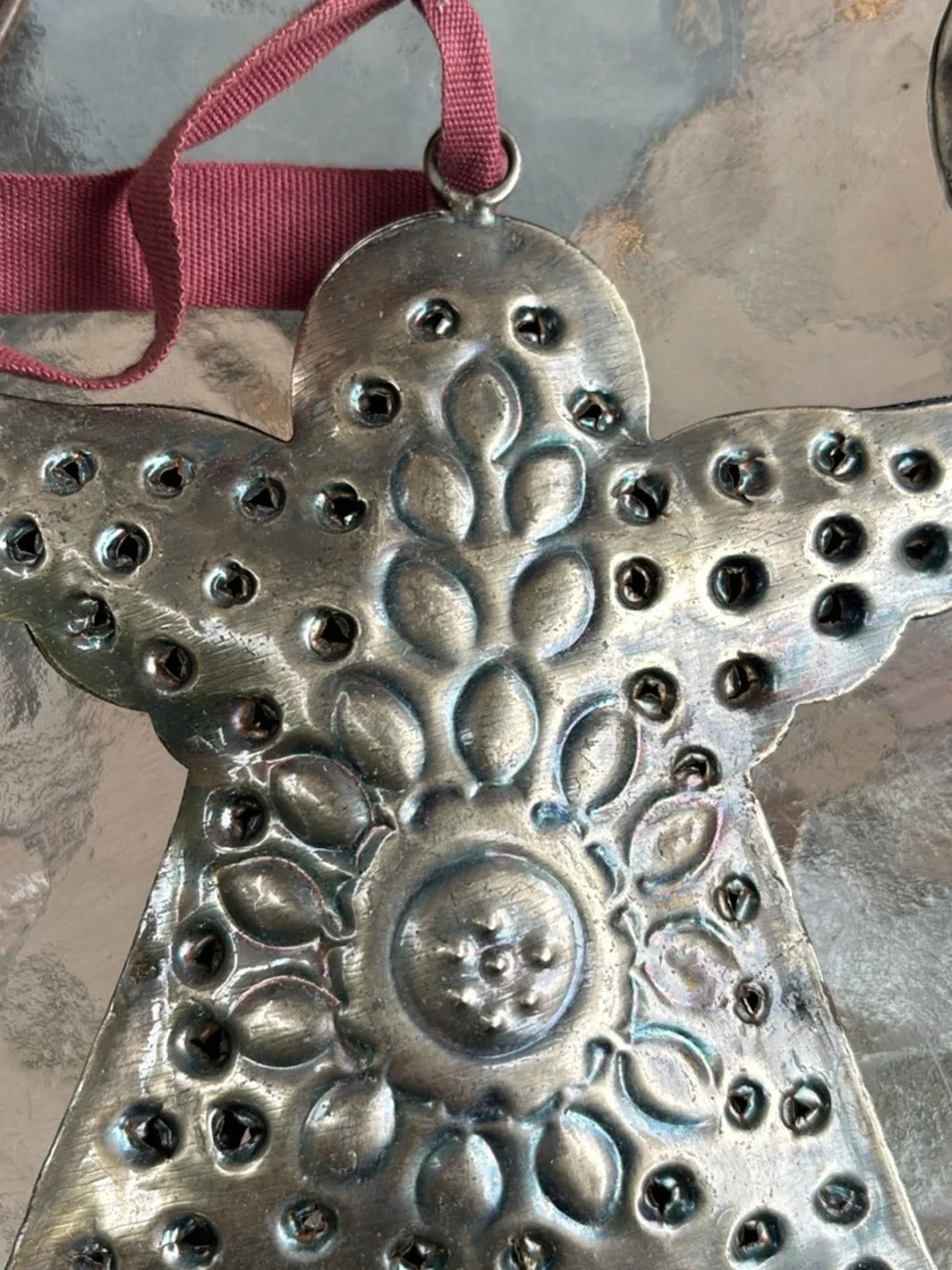 Decorative Metal Heart Ornaments with Burgundy Ribbon - Home Accents
